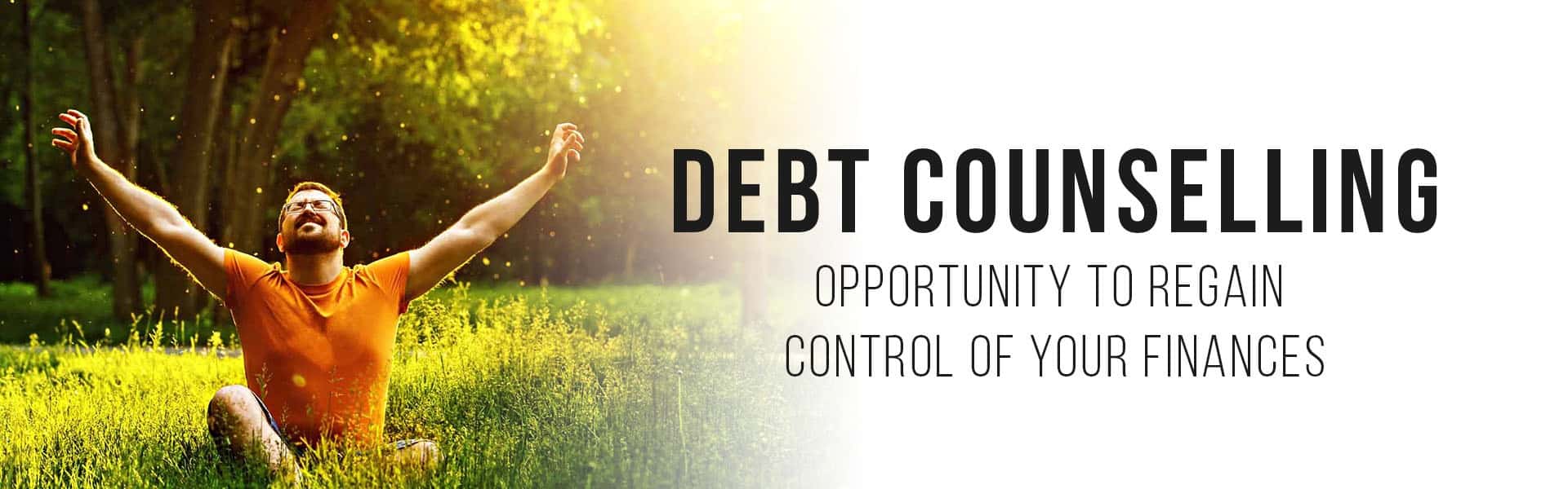 debt-counselling-banner Joyful man in sunny field symbolising financial freedom through debt counselling support