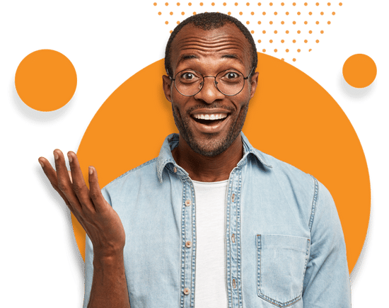 Friendly FAQ banner featuring a smiling man with glasses, gesturing with one hand as if asking a question