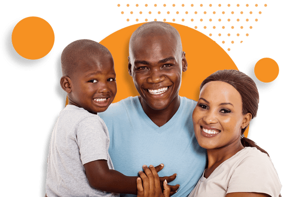 Smiling family with NDA branding, promoting debt counselling and financial freedom in South Africa