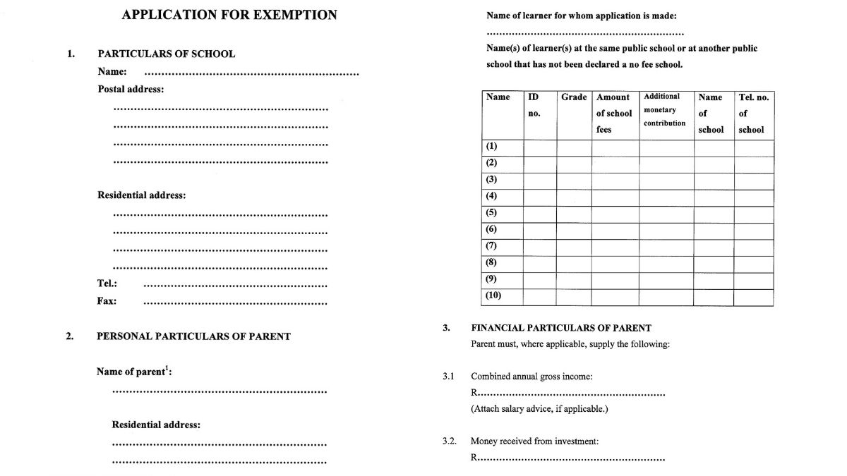 Example of school fees exemption application form