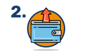A step icon labeled "2" with a blue wallet with an upward-pointing red arrow coming out of it