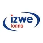 Izwe Loans logo with blue and red text surrounded by curved blue swooshes